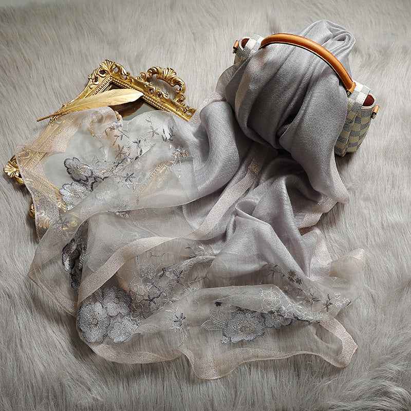 Silk Wool Blended  Embroidered Scarves-3