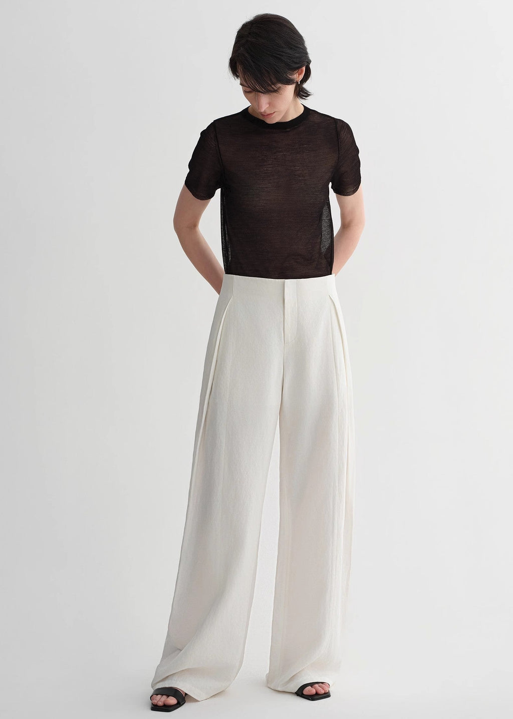 Summer mulberry silk linen waistless three-dimensional pleated wide-leg pants for women-0