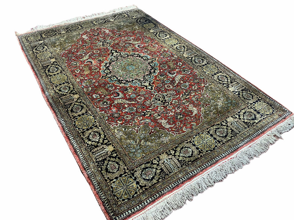 Persian Qum Silk Rug 3.8 x 5.6, Silk on Silk, Animal Pictorials, Fine 330 KPSI-1