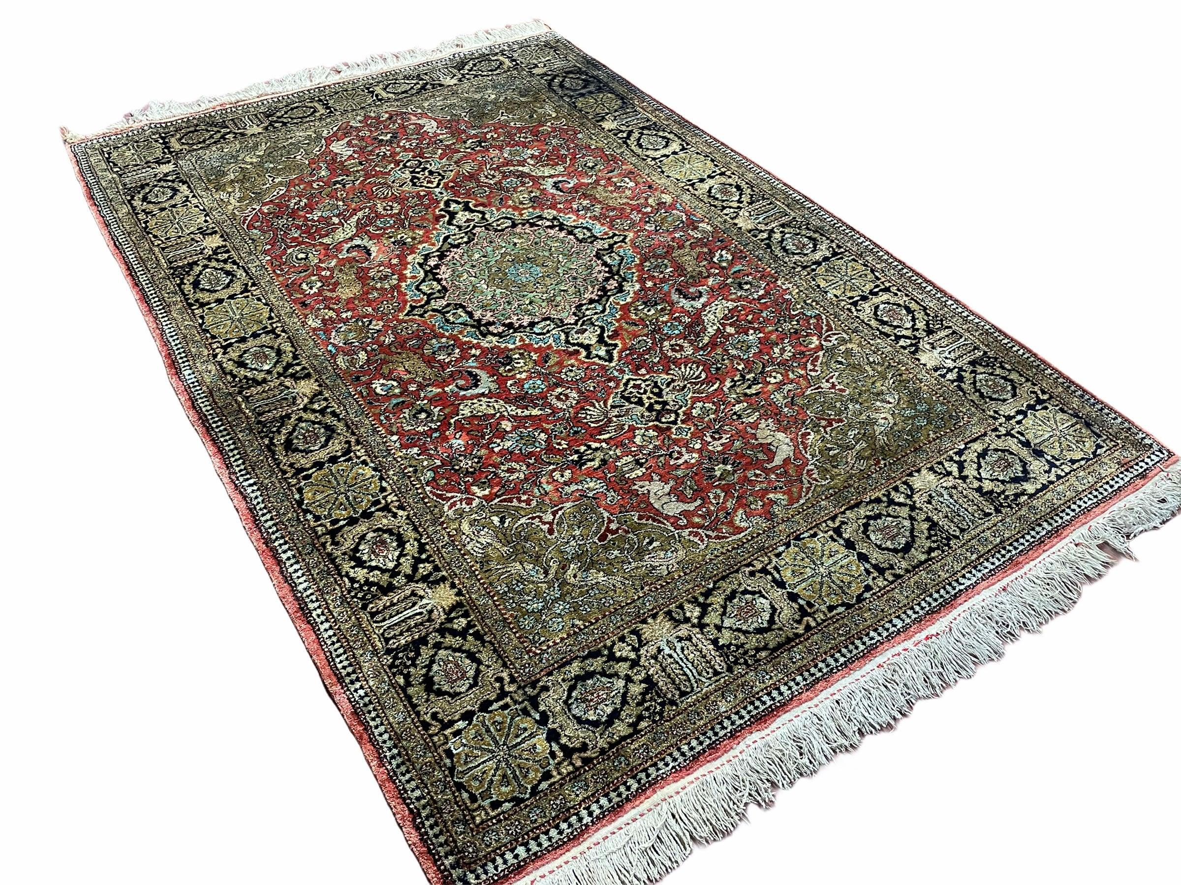 Persian Qum Silk Rug 3.8 x 5.6, Silk on Silk, Animal Pictorials, Fine 330 KPSI-1