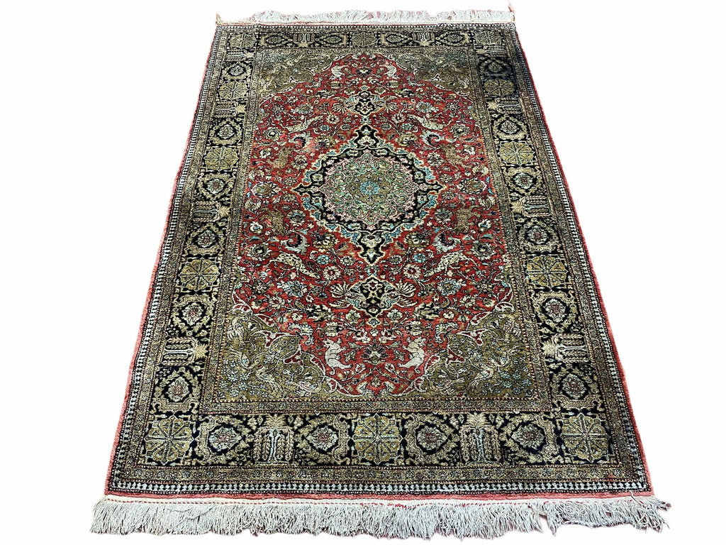 Persian Qum Silk Rug 3.8 x 5.6, Silk on Silk, Animal Pictorials, Fine 330 KPSI-0
