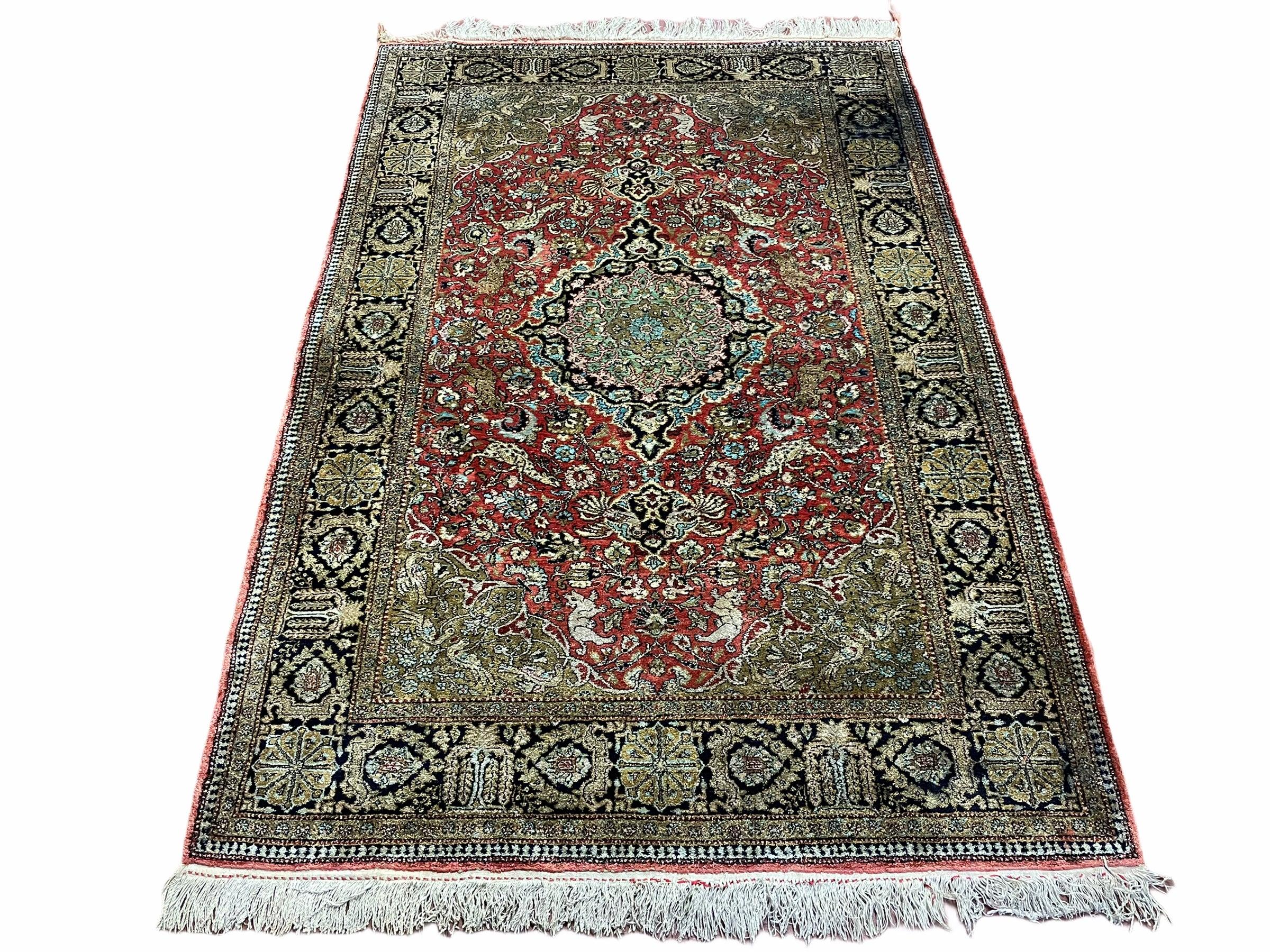 Persian Qum Silk Rug 3.8 x 5.6, Silk on Silk, Animal Pictorials, Fine 330 KPSI-0