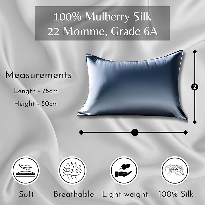Knitsilk 100% Mulberry Silk Pillowcase – 22 Momme Grade 6A Silk (Silver, Queen Size 75x50 c