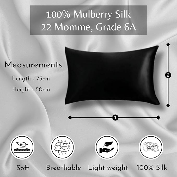 Knitsilk 100% Mulberry Silk Pillowcase – 22 Momme Grade 6A Silk (Black, Queen Size 75x50 c