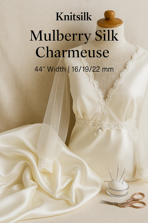 Knitsilk 100% Mulberry Silk Charmeuse Fabric – 22mm  44" Width – Pure Luxury Satin Weave - Off White-2.5 Mtr-1