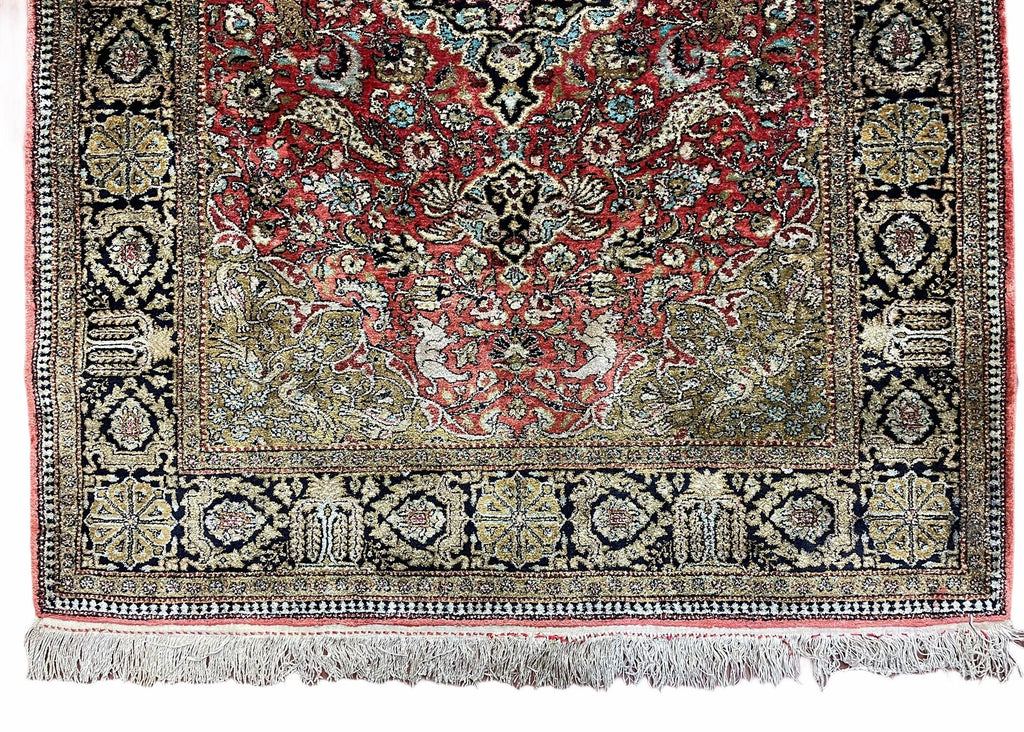 Persian Qum Silk Rug 3.8 x 5.6, Silk on Silk, Animal Pictorials, Fine 330 KPSI-4