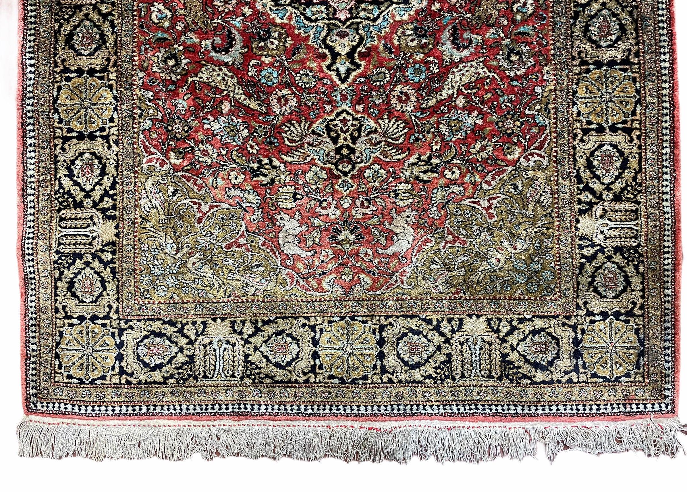 Persian Qum Silk Rug 3.8 x 5.6, Silk on Silk, Animal Pictorials, Fine 330 KPSI-4