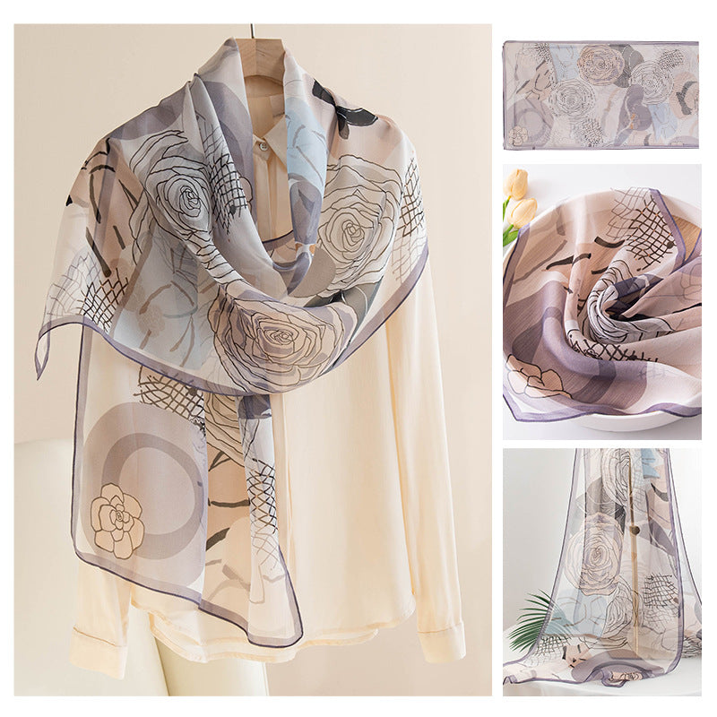 Silk Scarf Women's Mulberry Silk Printed Shawl-4