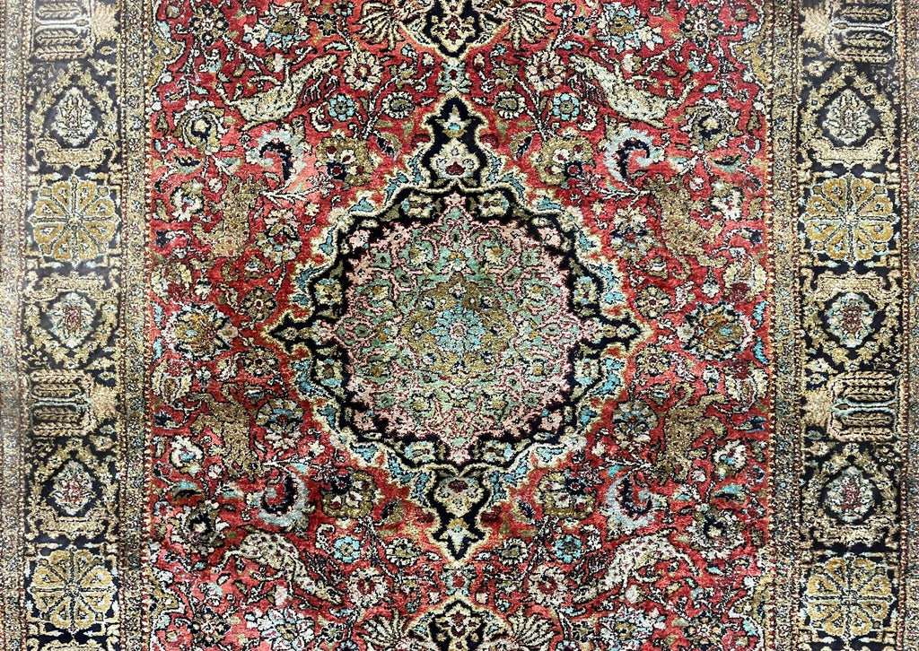 Persian Qum Silk Rug 3.8 x 5.6, Silk on Silk, Animal Pictorials, Fine 330 KPSI-3