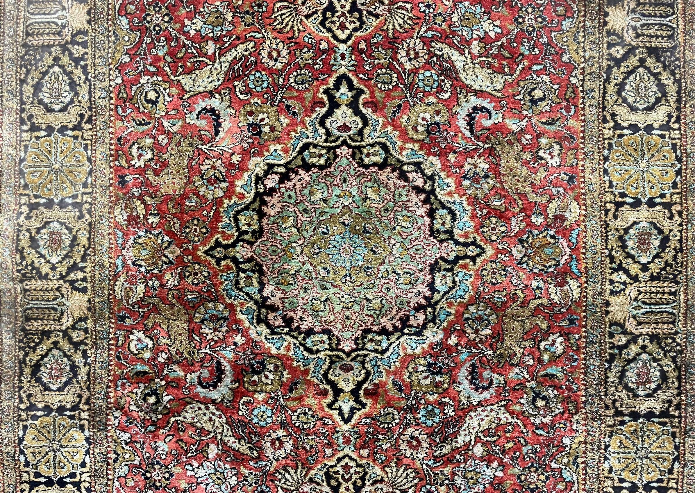 Persian Qum Silk Rug 3.8 x 5.6, Silk on Silk, Animal Pictorials, Fine 330 KPSI-3