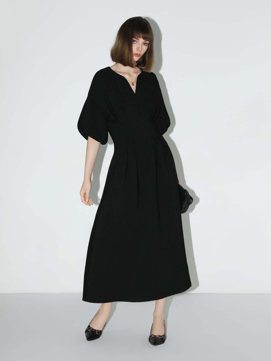 Elegant Textured Pleated French Tea Dress-1
