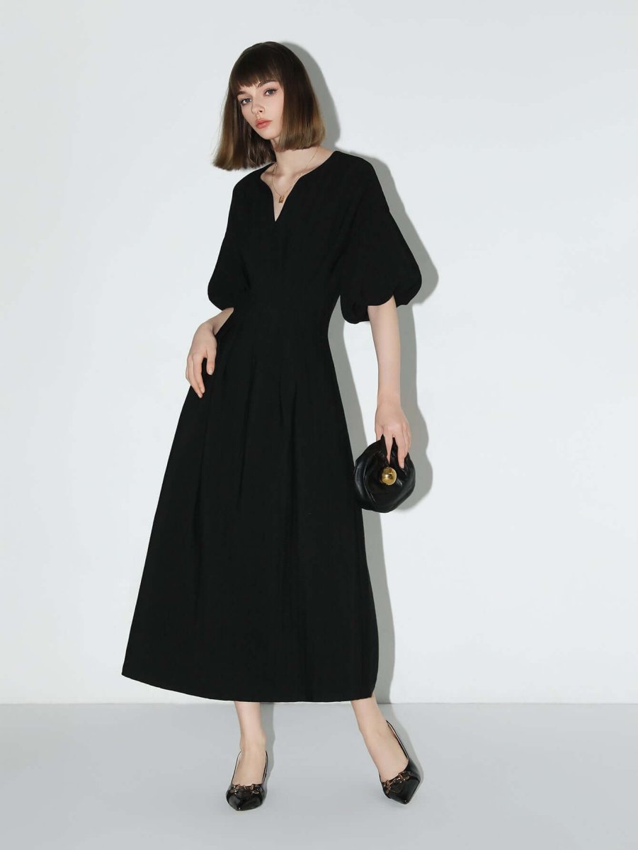 Elegant Textured Pleated French Tea Dress-2