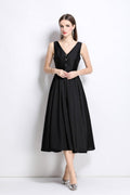 French Elegant Fitted Waist Midi V Neck Dress-0