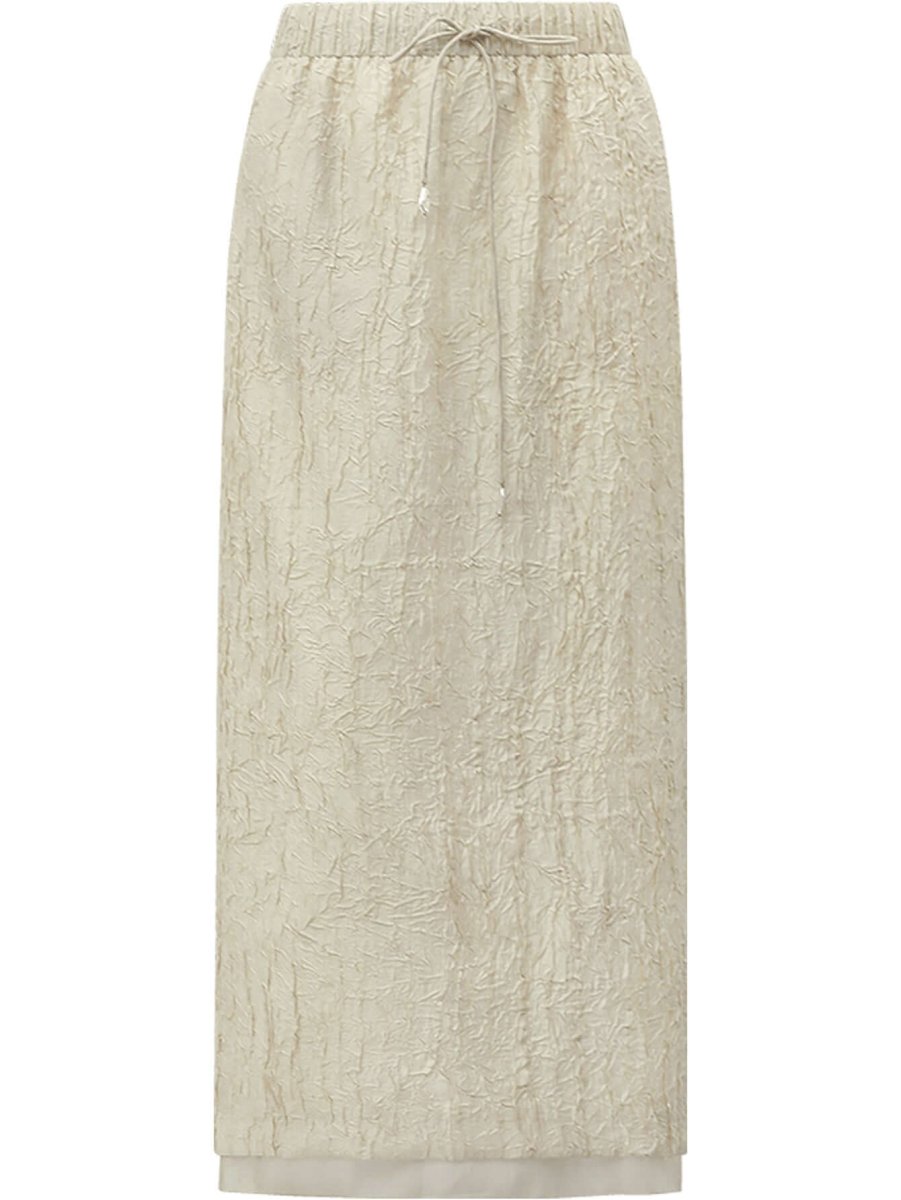 Luxe Contrast Champagne Silk Textured Satin Midi Skirt-3