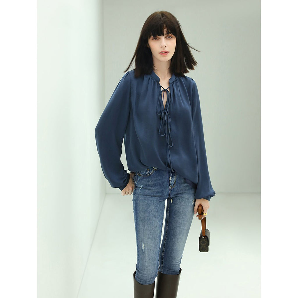 Tie-Front Top Sheer Navy Silk Shirt-0