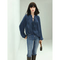 Tie-Front Top Sheer Navy Silk Shirt-0