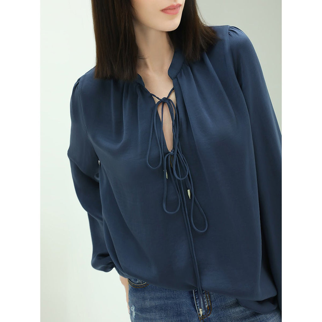 Tie-Front Top Sheer Navy Silk Shirt-1