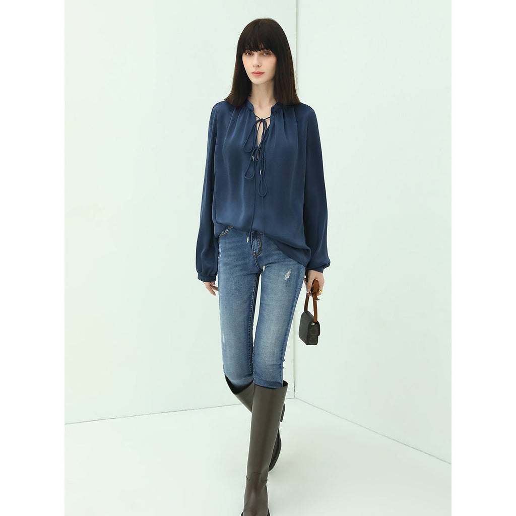 Tie-Front Top Sheer Navy Silk Shirt-2