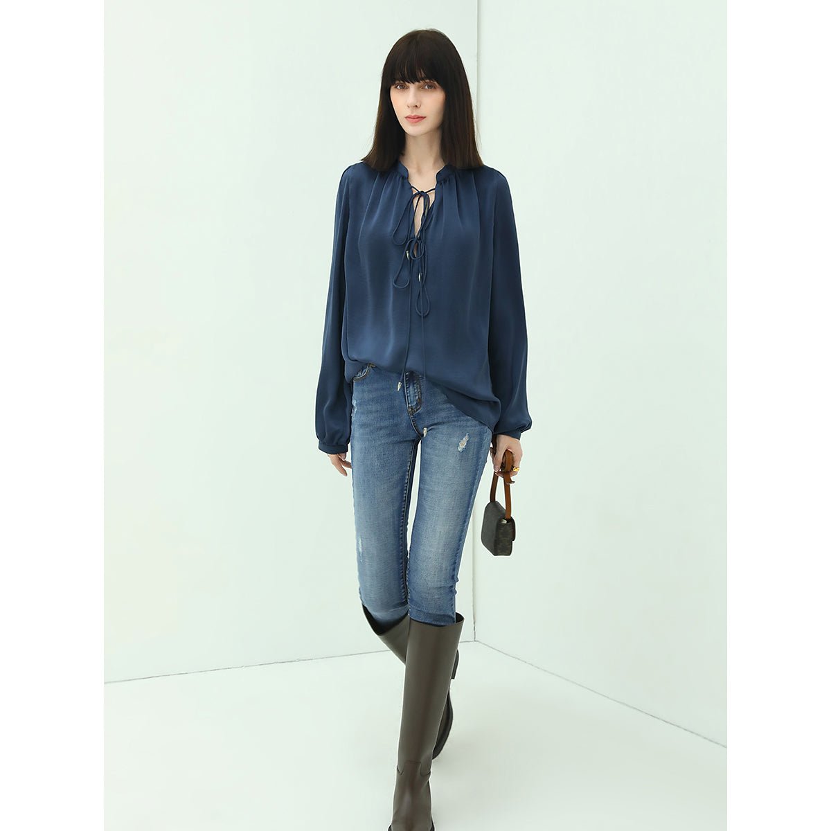 Tie-Front Top Sheer Navy Silk Shirt-2