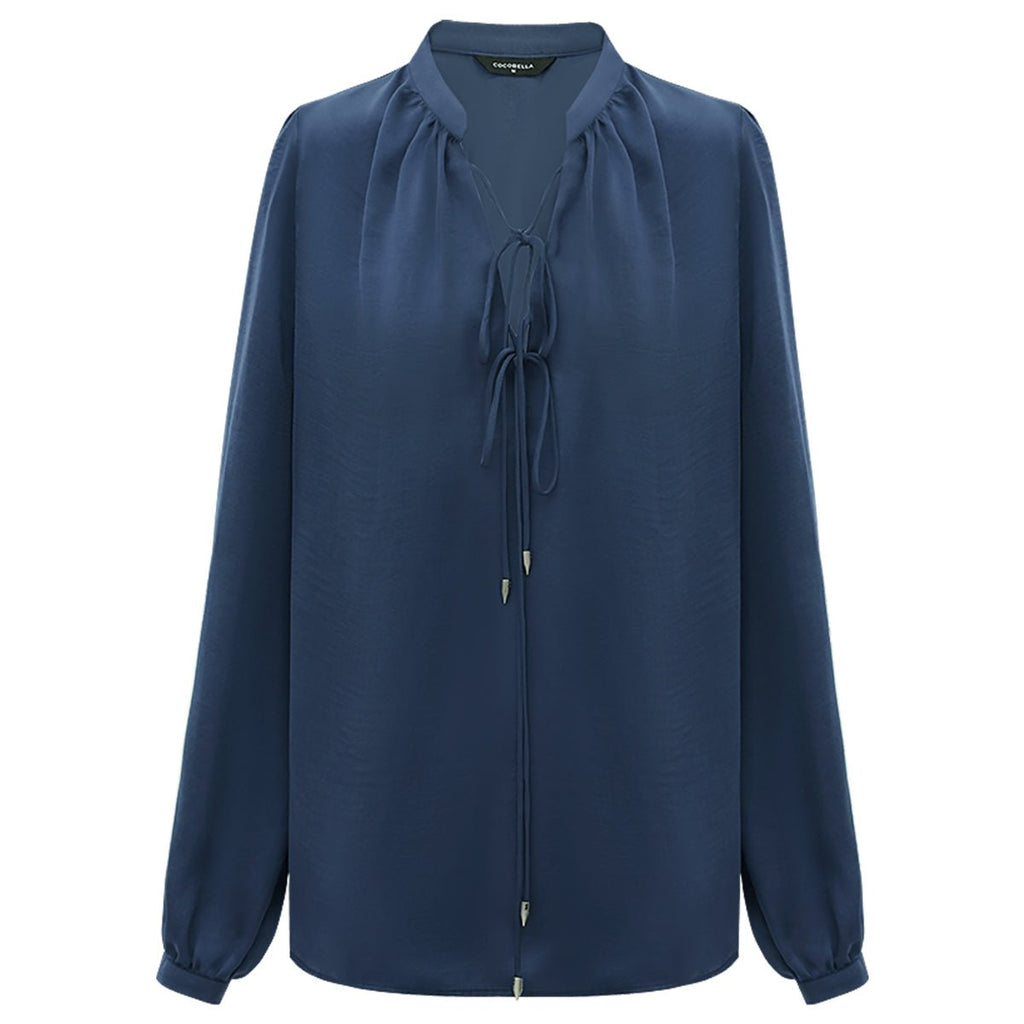 Tie-Front Top Sheer Navy Silk Shirt-3