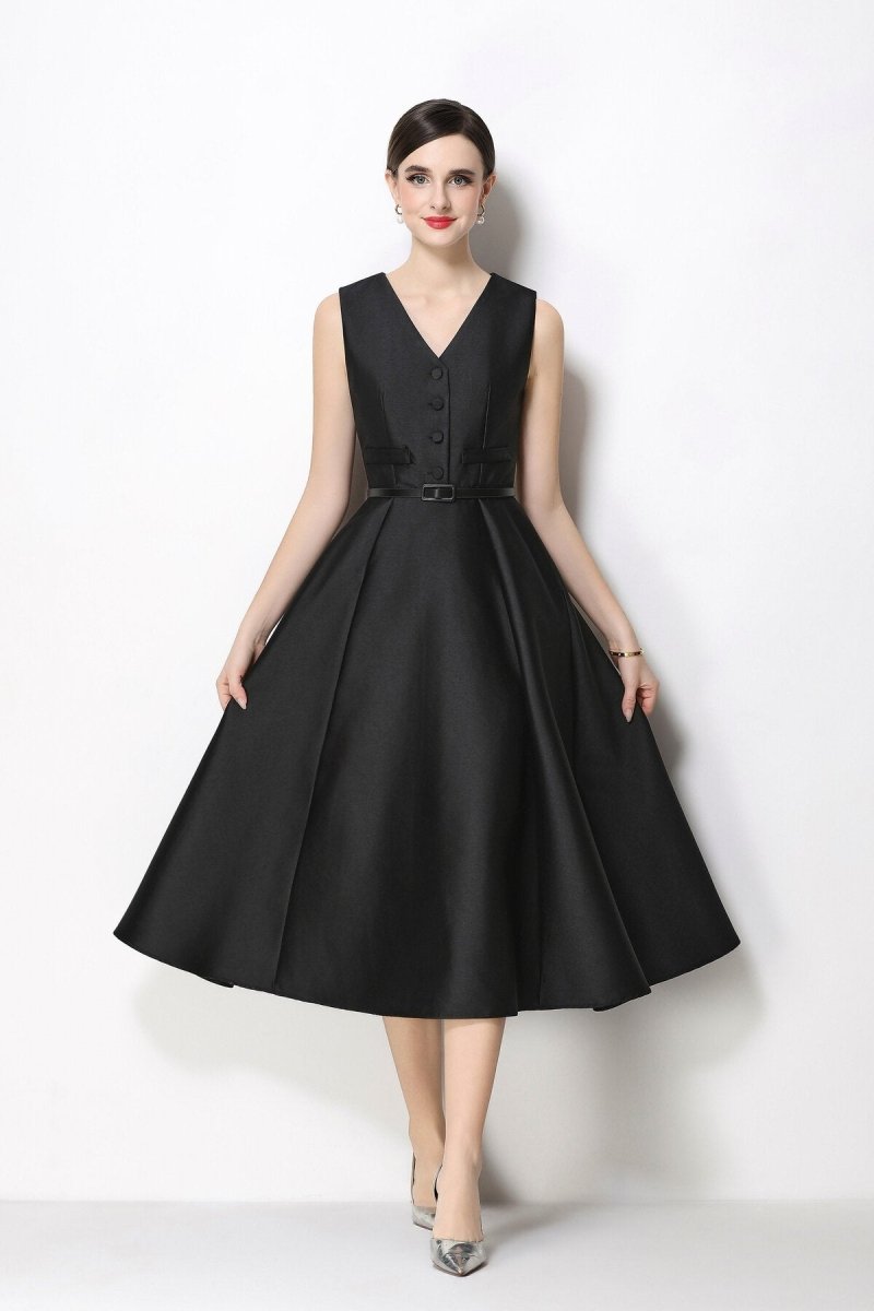Women's Sleeveless Satin Midi Dress with Belted Waist-0
