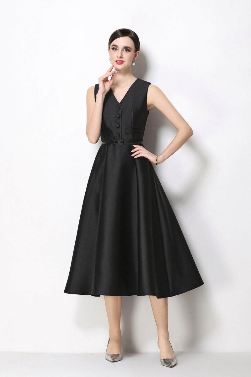 Women's Sleeveless Satin Midi Dress with Belted Waist-1