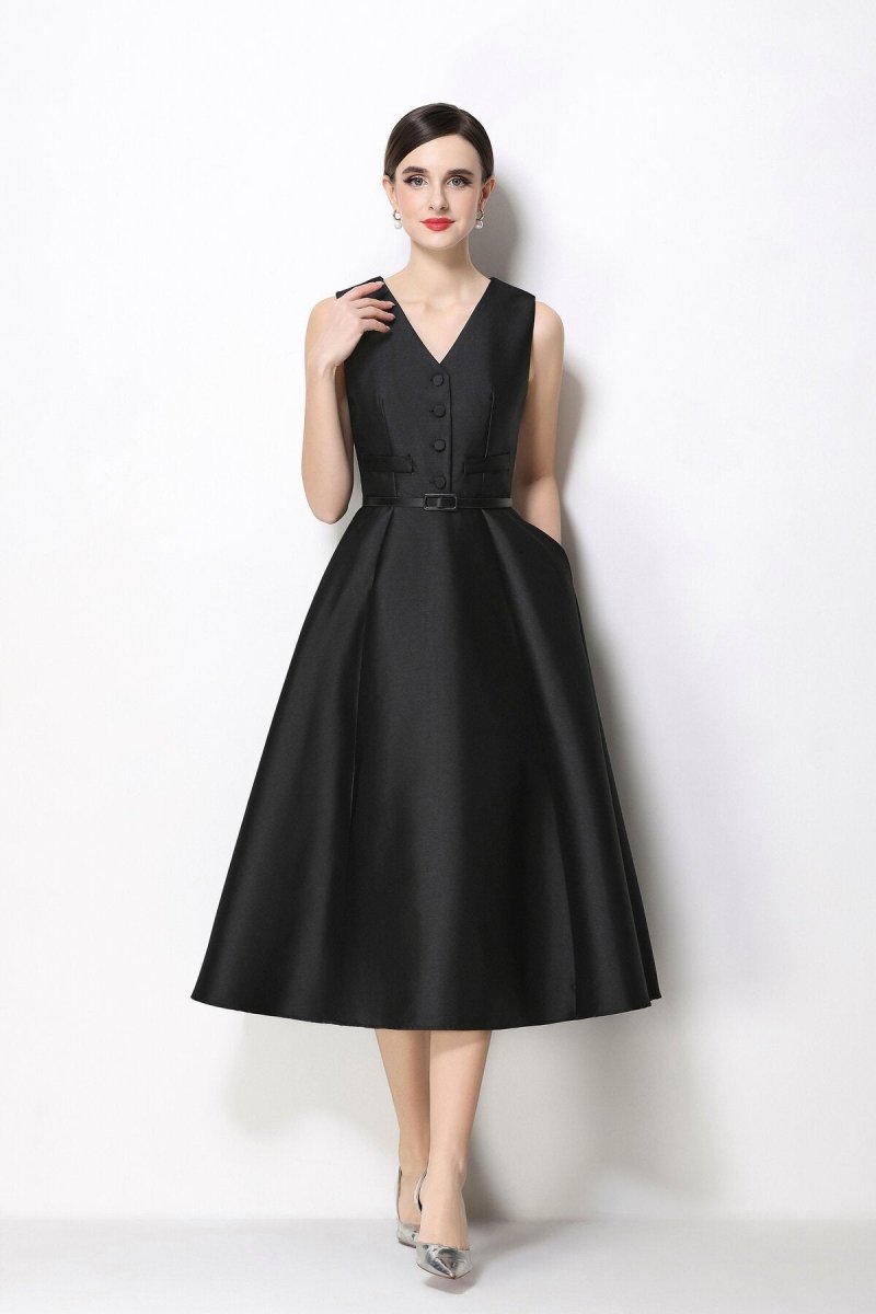 Women's Sleeveless Satin Midi Dress with Belted Waist-2