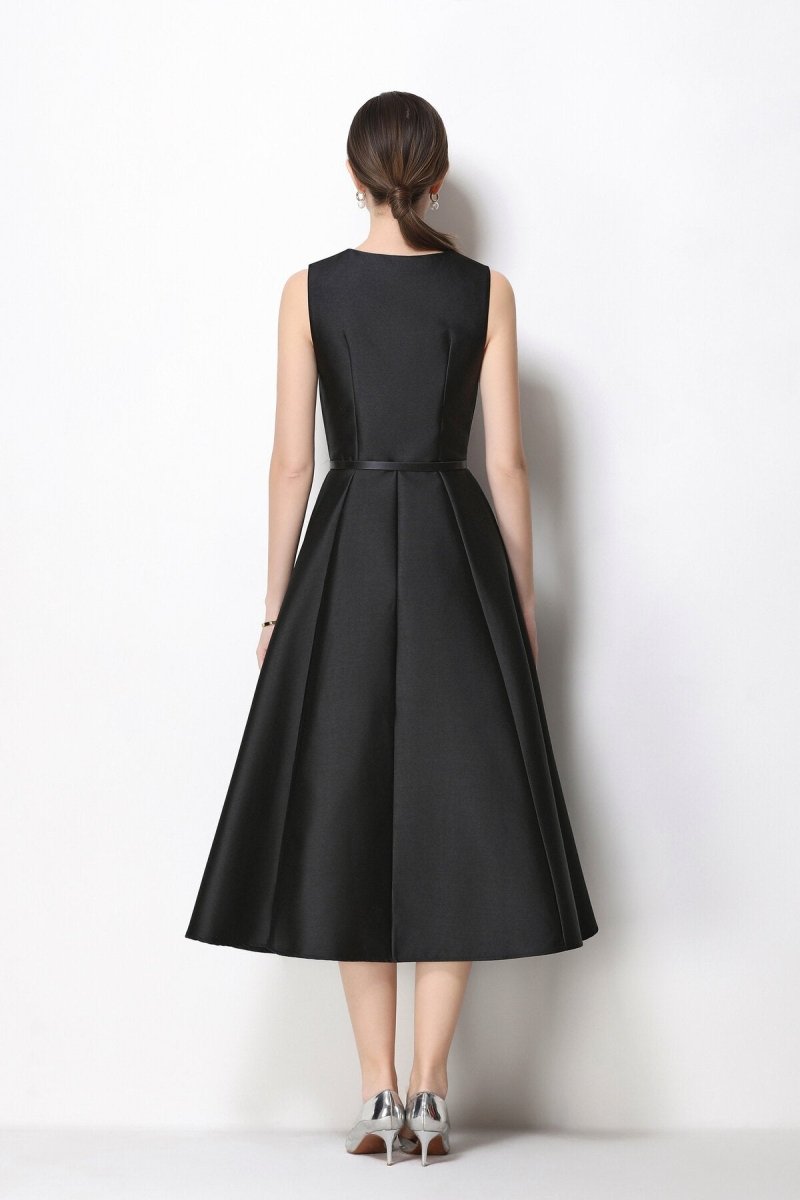Women's Sleeveless Satin Midi Dress with Belted Waist-3