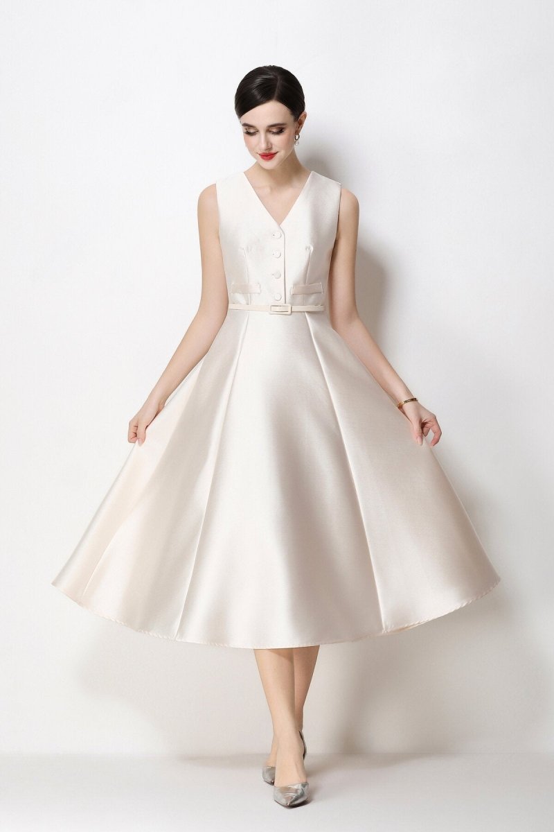 Women's Sleeveless Satin Midi Dress with Belted Waist-4