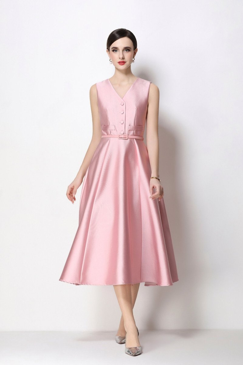 Women's Sleeveless Satin Midi Dress with Belted Waist-5