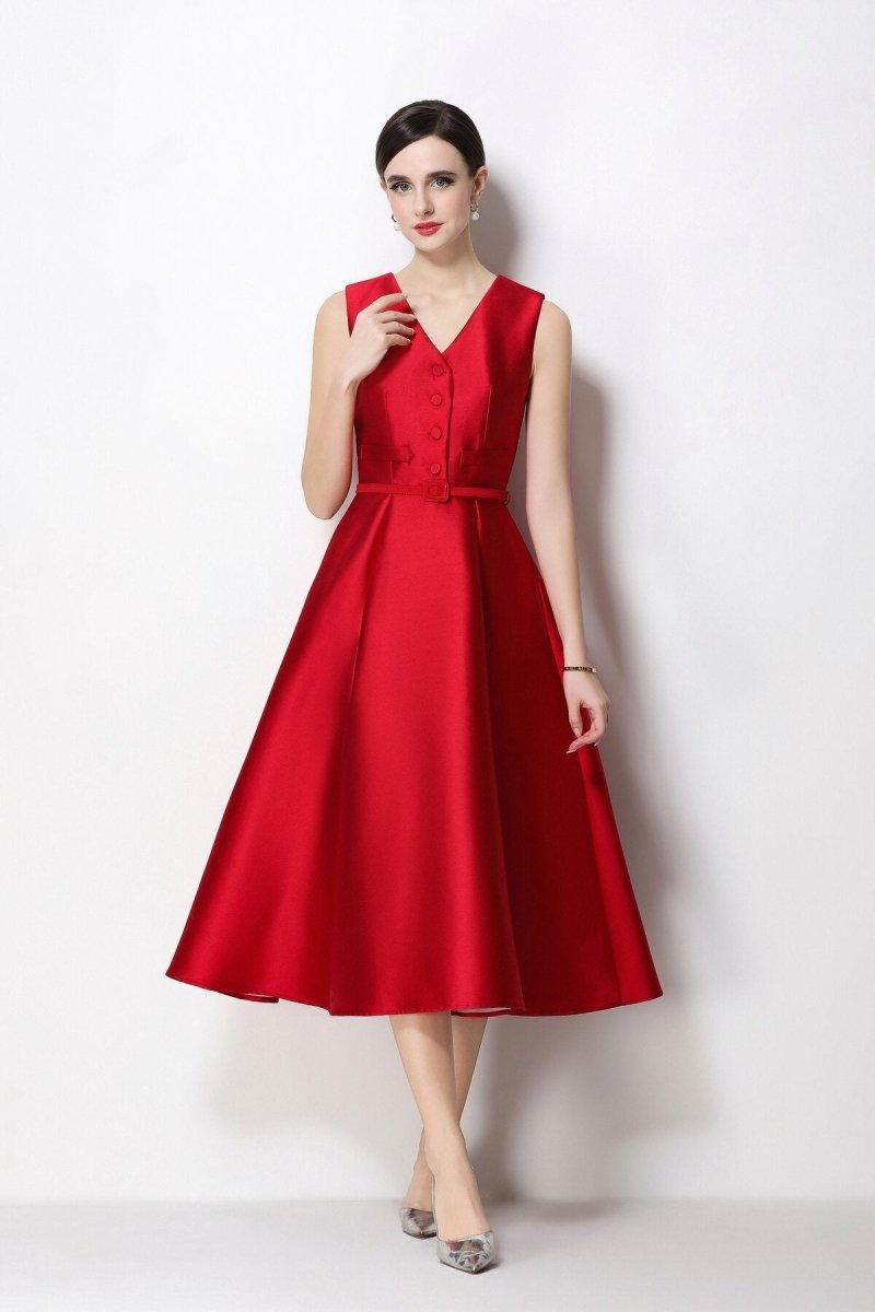 Women's Sleeveless Satin Midi Dress with Belted Waist-6